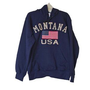 NWT UNISEX NAVY BLUE MONTANA USA HOODED PULLOVER KANGAROO POCKET FLAG PATCH